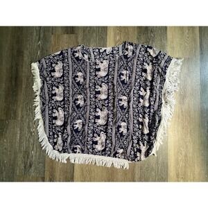 2 Chic Poncho Top Womens One Size Navy Elephant Print Fringe Boho Festival
